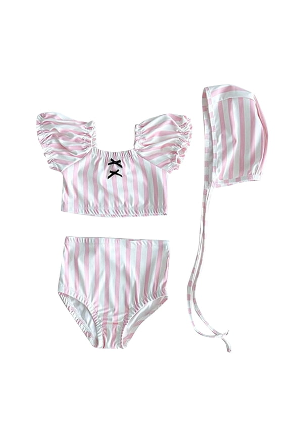 Girls 3 Piece Swimsuit Summer Puff Sleeve Quick Dry Beach Bathing Suit Stripe Bikini Sets with Swimming Hat