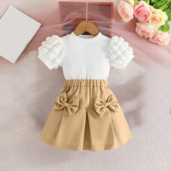 Lopecy-Sta Girls' Solid Color Short Puff Sleeve Top with Bow Skirt Set Sweet and Fashionable Set Summer Gift Set