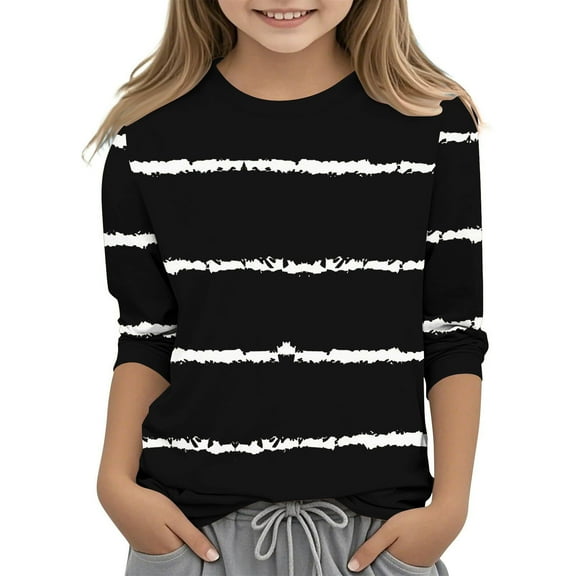Lopecy-Sta Girls Striped Shirt 2025 Summer Causal Tshirt 3/4 Sleeve Graphic Top 3-11Y 5 Years