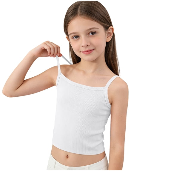 Lopecy-Sta Girls Tank Top Ribbed Camisole with Adjustable Straps - Soft Breathable Built-in Bra Cami for Teens and Kids Comfortable Square Neck Sleeveless Undershirt for Casual Wear