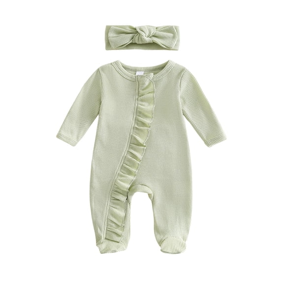 Lopecy-Sta Infant Baby Girl Clothes Solid Long Sleeve Romper Waffle Ruffle Zip Footie Jumpsuit Fall Winter Outfit with Bow Headbands
