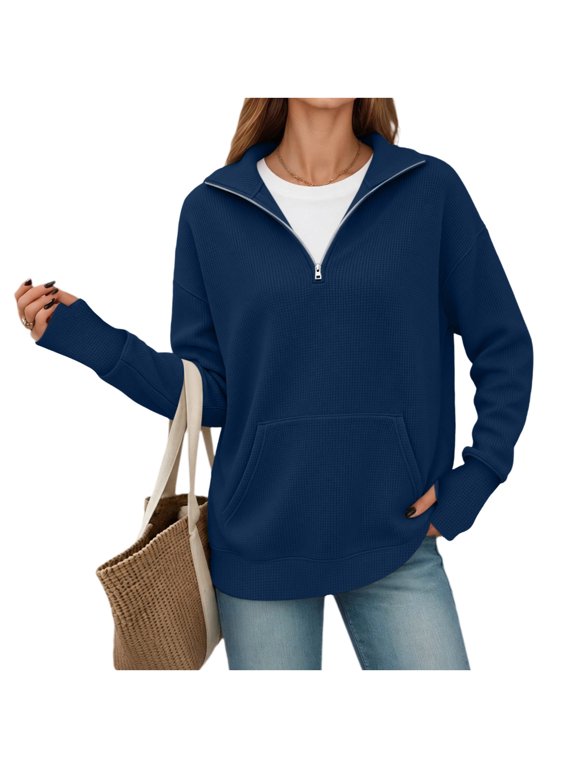 Jackets for Women Collared Long Sleeve Half Zip Loose Fit Casual Pullover Jacket With Kangaroo Pocket