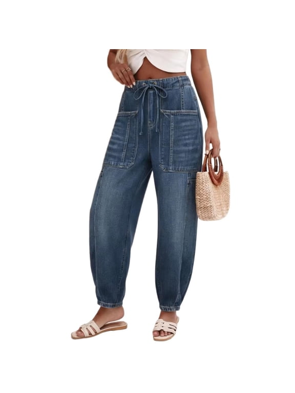 Jeans for Women Drawstring Waist Cargo Jogger Wash Denim Pants with Large Pockets and Elastic Cuffs Loose Fit Utility Trousers