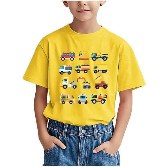 Lopecy-Sta Kids Cars and Trucks Print Pattern T-shirt for Boys Children's Short Sleeve Round Neck Shirt Summer Casual Versatile Tees 4-5 Years