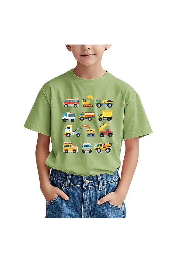 Kids Cars and Trucks Print Pattern T-shirt for Boys Children's Short Sleeve Round Neck Shirt Summer Casual Versatile Tees 4-5 Years