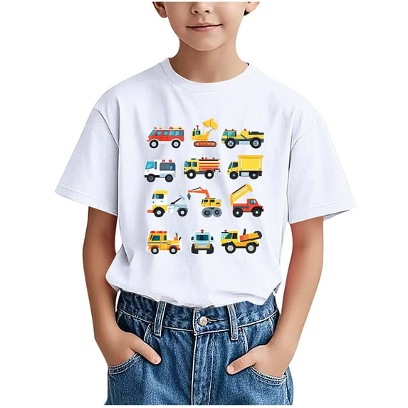 Lopecy-Sta Kids Cars and Trucks Print Pattern T-shirt for Boys Children's Short Sleeve Round Neck Shirt Summer Casual Versatile Tees 5-6 Years
