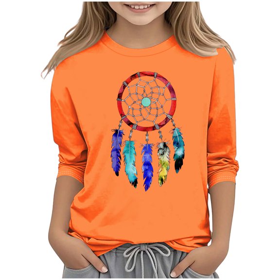 Lopecy-Sta Kids Dreamcatcher Feather Design Long Sleeve Top Lightweight Smooth Fabric Peace Symbol Motif Comfortable Spring Autumn Casual Wear for Toddlers