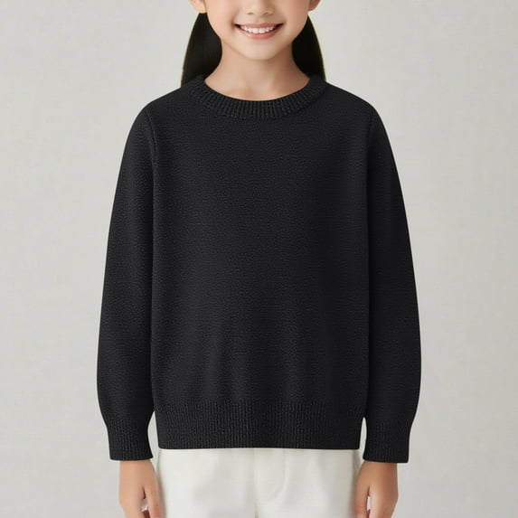 Lopecy-Sta Kids Solid Color Crewneck Sweater, 12M-7Y Boys Girls Cotton Knit Pullover, Toddler Warm Base Layer Top for Autumn Winter Black