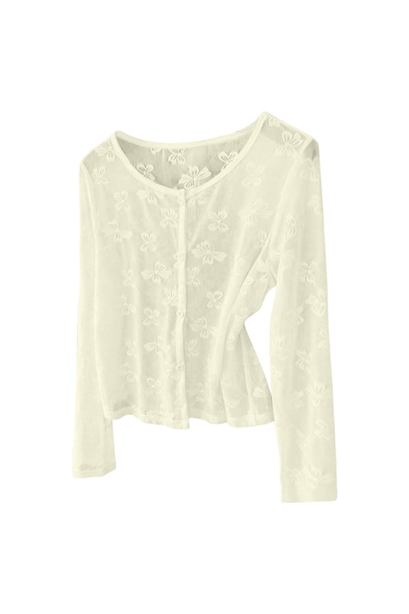 Ladies Hollow Lace Open Front Knit Cardigan Long Sleeve Lightweight Breathable Sheer Sweater Coat Wrinkle Resistant Transitional Layering Cover Up