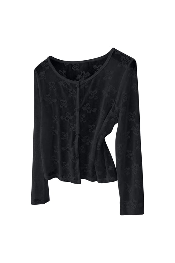 Ladies Hollow Lace Open Front Knit Cardigan Long Sleeve Lightweight Breathable Sheer Sweater Coat Wrinkle Resistant Transitional Layering Cover Up
