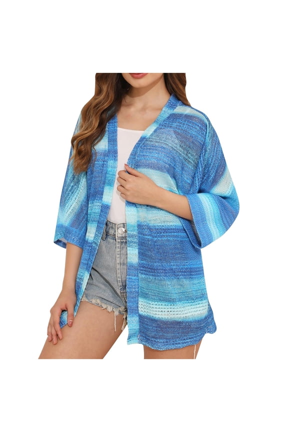Ladies Oversized Ombre Stripe 3/4 Sleeve Open Front Knit Cardigan Lightweight Soft Wrinkle Resistant Transitional Layering Sweater Coat for Spring Summer