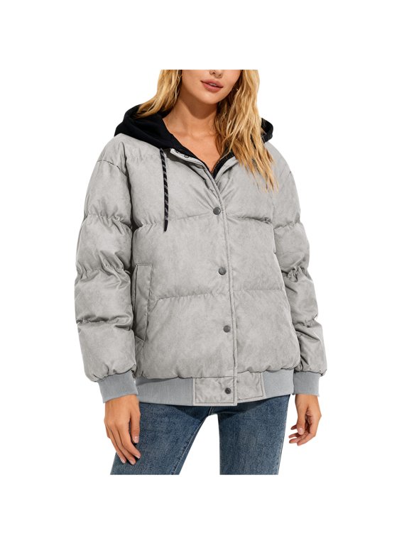 Ladies Regular Fit Long Sleeve Detachable Hood Button Zip Quilted Puffer Jacket Mid Weight Soft Wrinkle Resistant Casual Solid Loose Warm Snow Outdoor Layering Coat for Fall Winter