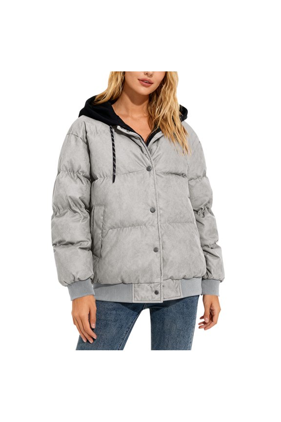 Ladies Regular Fit Long Sleeve Detachable Hood Button Zip Quilted Puffer Jacket Mid Weight Soft Wrinkle Resistant Casual Solid Loose Warm Snow Outdoor Layering Coat for Fall Winter