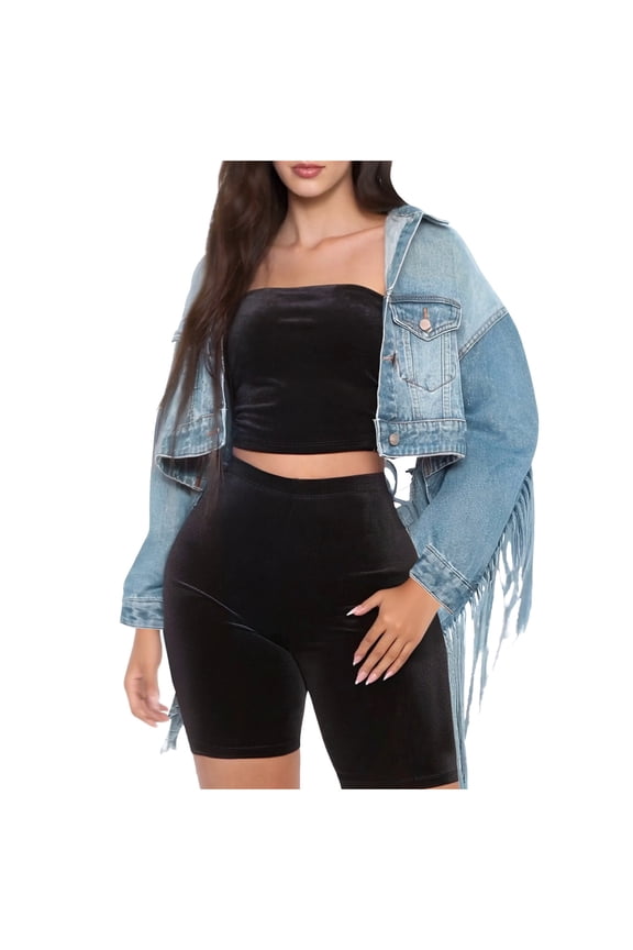 Ladies Regular Fit Long Sleeve Fringe Hem Light Wash Cropped Jacket Light Weight Soft Wrinkle Resistant Casual Solid Western Boho Festival Layering Coat for Summer Daily Street Outfits