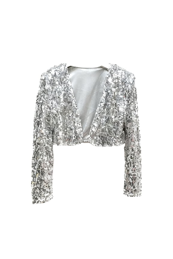 Ladies Regular Fit Long Sleeve Open Front Sequin Cropped Jacket Lightweight Soft Wrinkle Resistant Casual Solid Sparkly Party Club Outer Coat for Evening Daily