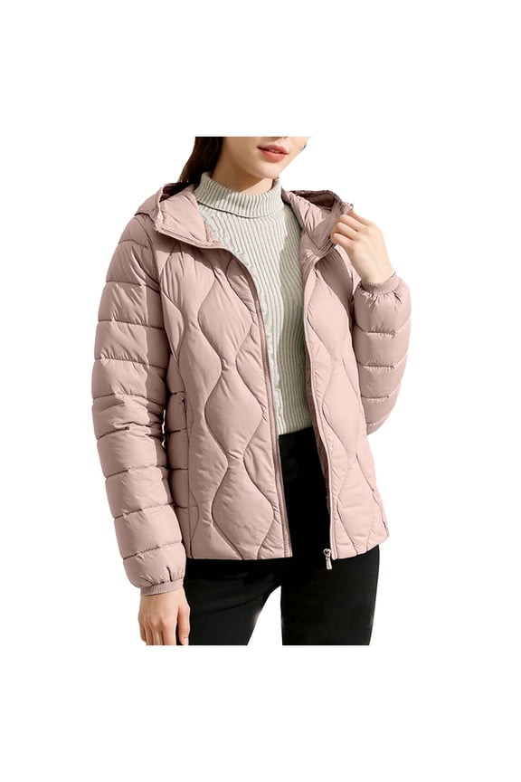 Ladies Regular Fit Long Sleeve Stand Collar Zip Up Diamond Quilted Puffer Jacket Mid Weight Soft Wrinkle Resistant Casual Solid Light Padded Layering Coat for Fall Winter