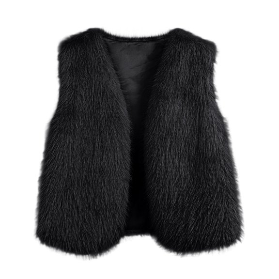 Lopecy-Sta Ladies Regular Fit Sleeveless Open Front Fluffy Faux Fur Short Vest Gilet Mid Weight Soft Wrinkle Resistant Casual Solid Plush Warm Layering Waistcoat for Fall Winter