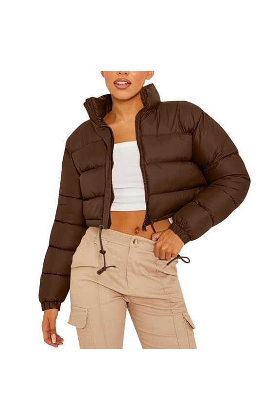Ladies Regular Fit Stand Collar Open Front Solid Quilted Cropped Puffer Jacket Light Weight Soft Wrinkle Resistant Casual Warm Short Bubble Padded Outer for Fall Winter