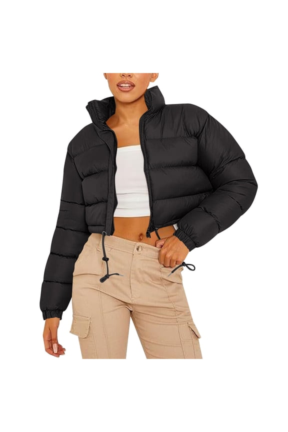 Ladies Regular Fit Stand Collar Open Front Solid Quilted Cropped Puffer Jacket Light Weight Soft Wrinkle Resistant Casual Warm Short Bubble Padded Outer for Fall Winter
