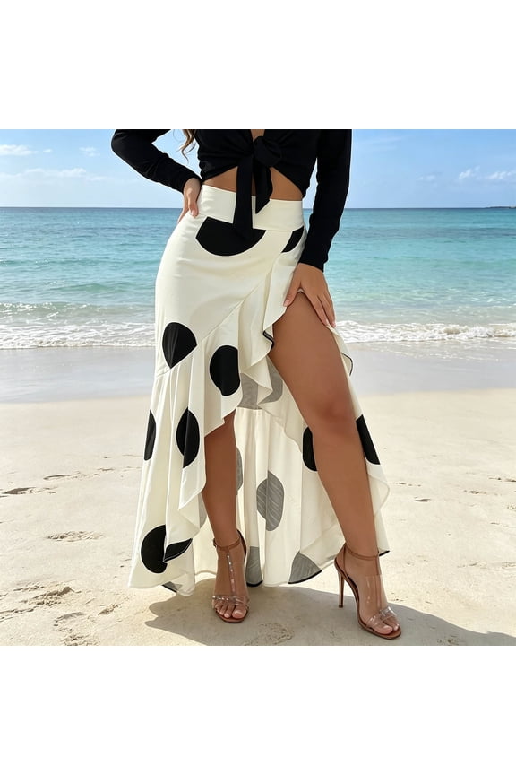 Ladies Skirt Polka Dot Wrap High Waist Ruffle Maxi Skirt with High Slit Flowy Asymmetrical Hem Skirt Stylish for Evening
