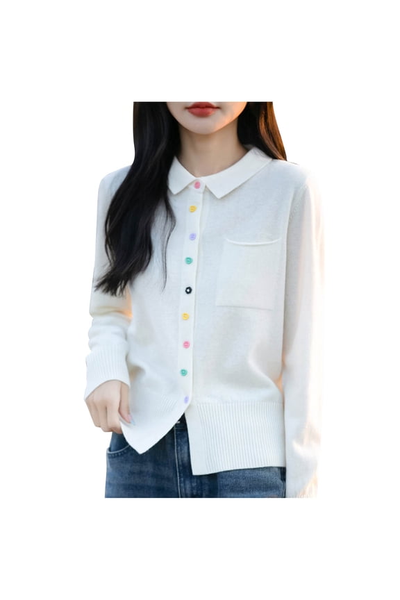 Ladies Slim Fit Peter Pan Collar Button Front Cropped Knit Cardigan Long Sleeve Lightweight Soft Stretch Wrinkle Resistant Transitional Layering Sweater Coat for Spring Fall