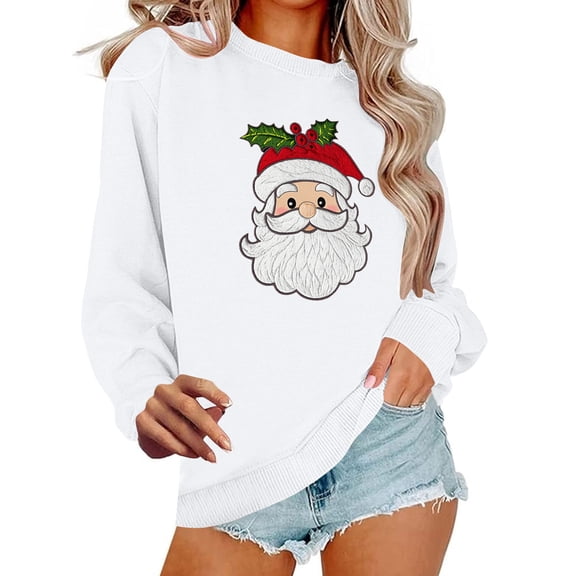 Lopecy-Sta Long Sleeve Tops for Women Christmas Gift for Women Christmas Santa Print Crewneck Sweater Xmas Long Sleeve Pullover Top