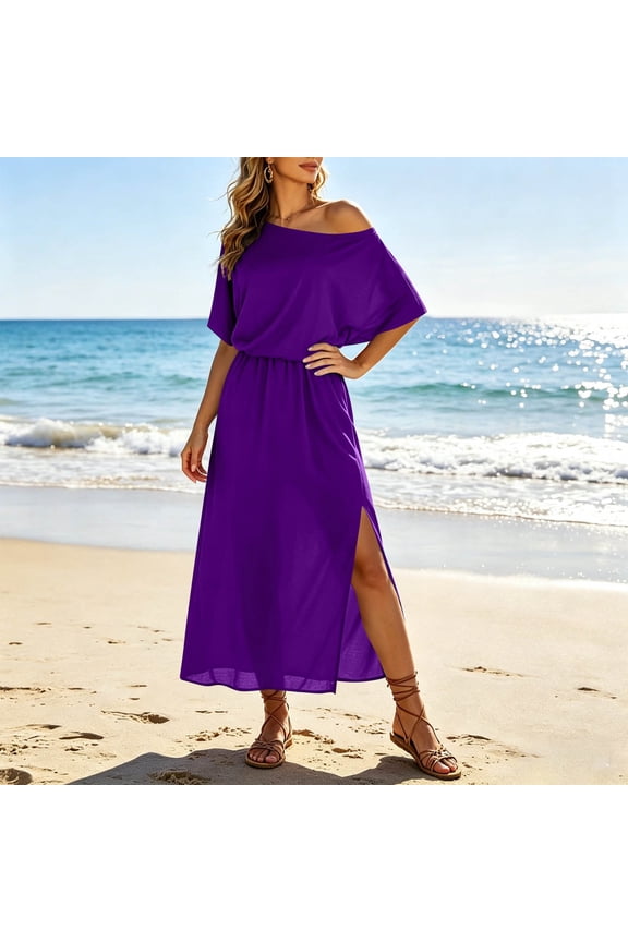 Maxi Dress for Women Off Shoulder Short Sleeve Loose Fit Long Dress with Side Slit and Pockets Flowy Beach Cover Up Dress for Summer and Everyday Occasions