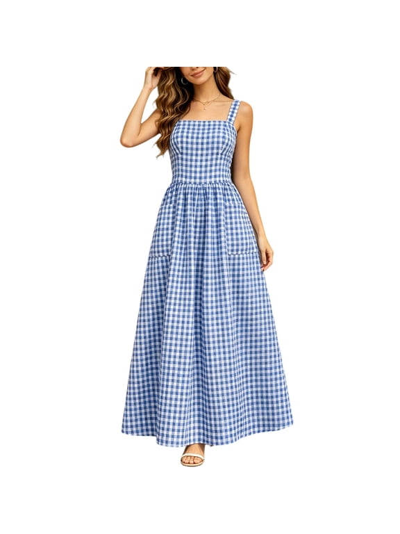 Maxi Dress for Women Gingham Square Neck Sleeveless A-Line Dress with Pockets for Summer and Casual Events