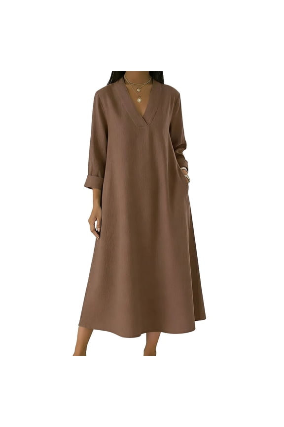Maxi Dresses for Women V Neck Three Quarter Sleeve Loose With Pockets Minimalist Casual Style For Home And Everyday Wear