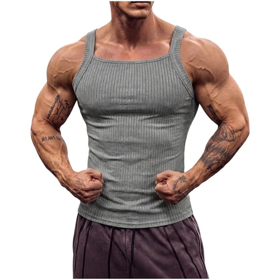 Lopecy-Sta Men Tank Tops Square Neck Vertical Ribbed Slim Fit Stretch Breathable Gym Bodybuilding Muscle Sleeveless Undershirts