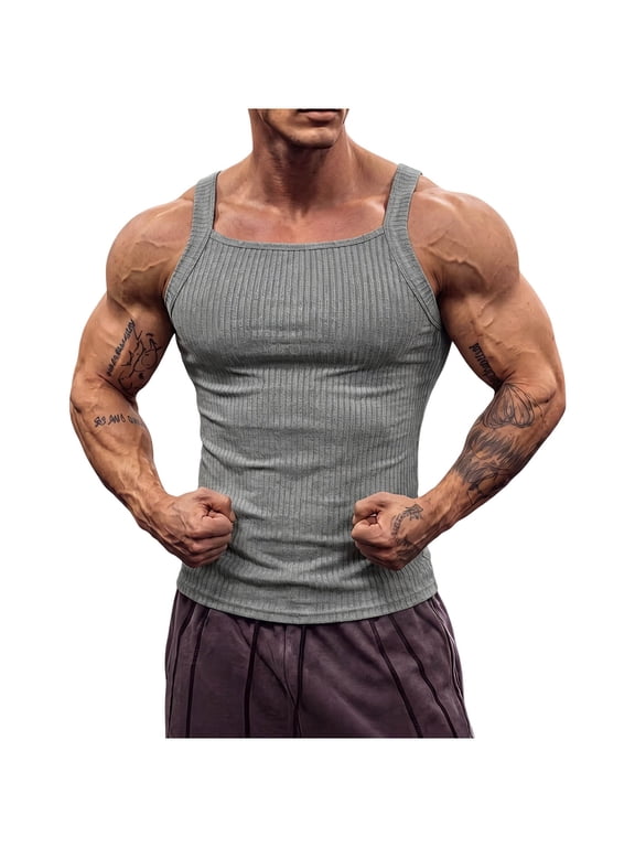 Men Tank Tops Square Neck Vertical Ribbed Slim Fit Stretch Breathable Gym Bodybuilding Muscle Sleeveless Undershirts