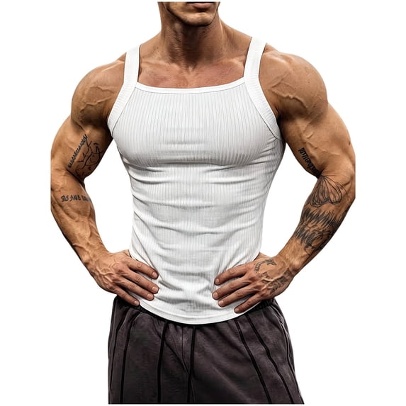 Lopecy-Sta Men Tank Tops Square Neck Vertical Ribbed Slim Fit Stretch Breathable Gym Bodybuilding Muscle Sleeveless Undershirts