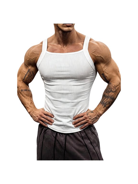 Men Tank Tops Square Neck Vertical Ribbed Slim Fit Stretch Breathable Gym Bodybuilding Muscle Sleeveless Undershirts