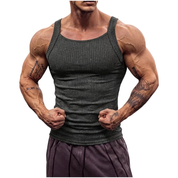 Lopecy-Sta Men Tank Tops Square Neck Vertical Ribbed Slim Fit Stretch Breathable Gym Bodybuilding Muscle Sleeveless Undershirts