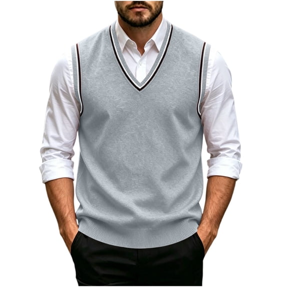 Lopecy-Sta Men V-Neck Contrast Striped Trim Pullover Sleeveless Layering Vest Business Casual Knitted Waistcoat Gilet With Side Pockets