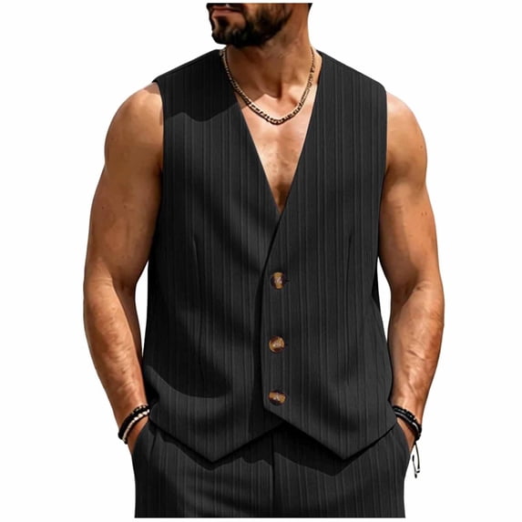 Lopecy-Sta Men V Neck Vertical Pinstripe Single Breasted Suit Vest Slim Fit Formal Business Sleeveless Waistcoat