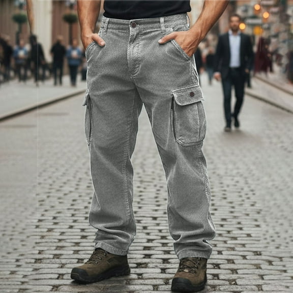 Lopecy-Sta Men's Cargo Work Pants with Elastic Waist & Drawstring Corduroy Solid Color Relaxed Fit Casual Hiking Pants