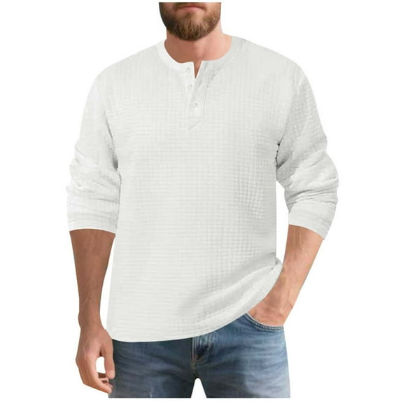 Lopecy-Sta Men's Long Sleeved Tops Solid Color Henley Long Sleeve Shirts Round Neck Waffle T-Shirt Lightweight Soft Undershirts for Men