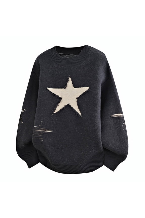 Men's Pullover Sweaters Y2k Oversized Sweater Star Print Crew Neck Long Sleeve Fall Knit Sweater