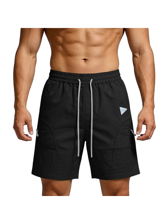 Men’s Shorts Crinkle Quick Dry Outdoor Casual Braided Drawstring Elastic Waist Workout Shorts with Zipper Side Pockets Triangle Logo Lightweight Loose Fit Bermuda Shorts