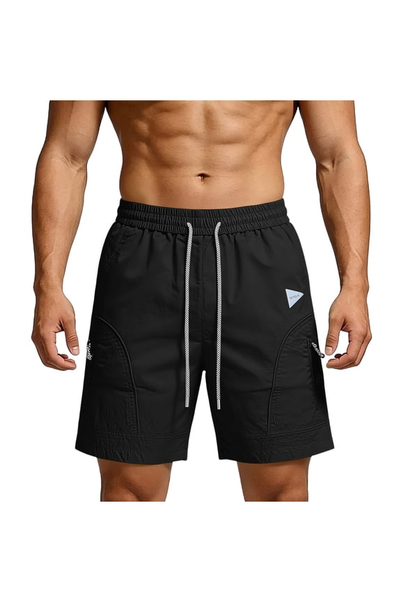 Men’s Shorts Crinkle Quick Dry Outdoor Casual Braided Drawstring Elastic Waist Workout Shorts with Zipper Side Pockets Triangle Logo Lightweight Loose Fit Bermuda Shorts