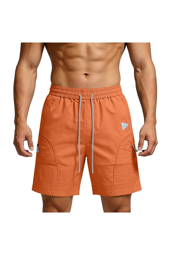 Men’s Shorts Crinkle Quick Dry Outdoor Casual Braided Drawstring Elastic Waist Workout Shorts with Zipper Side Pockets Triangle Logo Lightweight Loose Fit Bermuda Shorts
