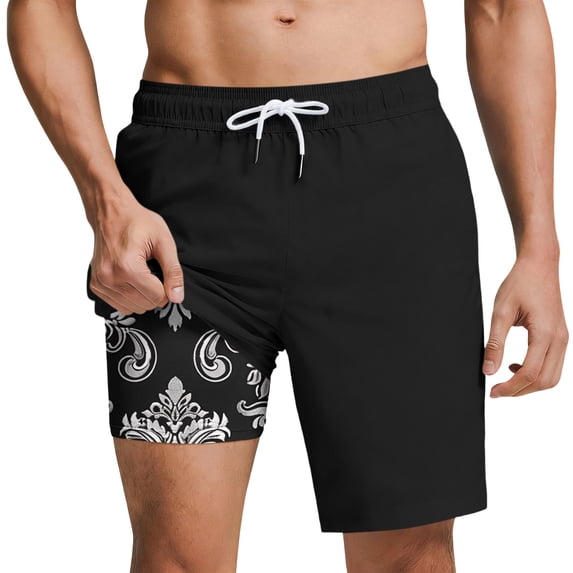 Lopecy-Sta Mens Swim Trunks with Compression Liner 2 In 1 Board Shorts Quick Dry Summer Breathable Swimming Trunks with Pockets