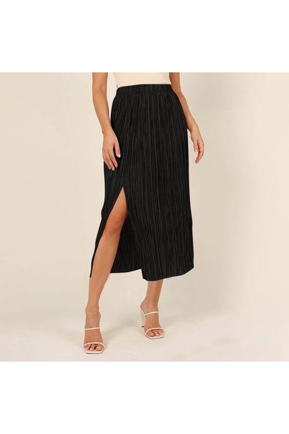 Midi Skirt for Women Elastic Waist Pleated Crinkle Textured Skirt with Side Slit Casual Flowy Skirt Versatile for Daily Wear