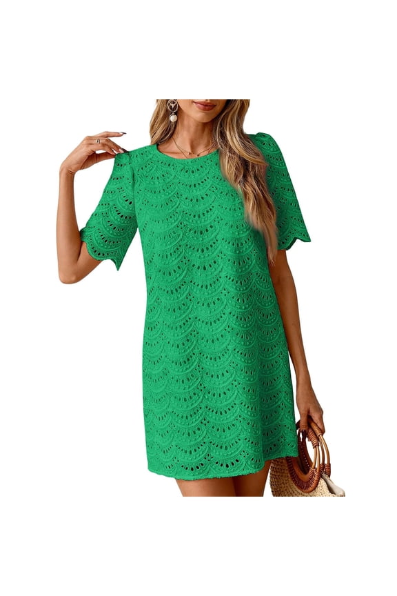 Mini Dress for Women Eyelet Lace Round Neck Short Puff Sleeve Crochet Embroidery Shift Dress Elegant Casual Dress for Brunch and Daily Wear