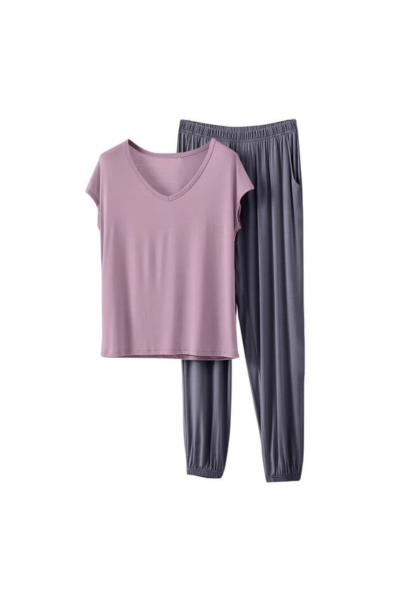 Pajamas Set for Women 2 Piece Womens Pajamas V Neck Short Sleeve Top and Long Pants Pjs Print Lounge Set Sleepwear