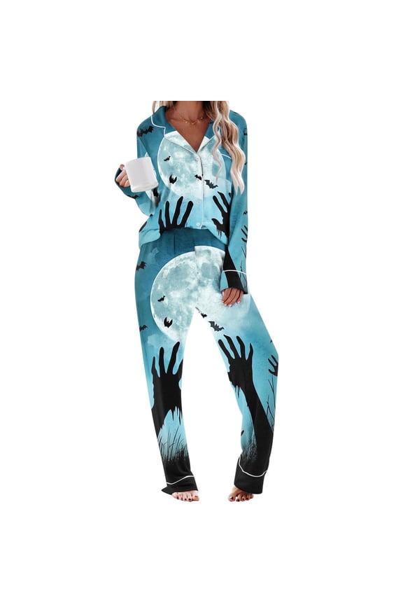 Pajamas for Women Set Halloween Zombie Hand Print Long Sleeve Button Down 2 Piece Loungewear Sleepwear