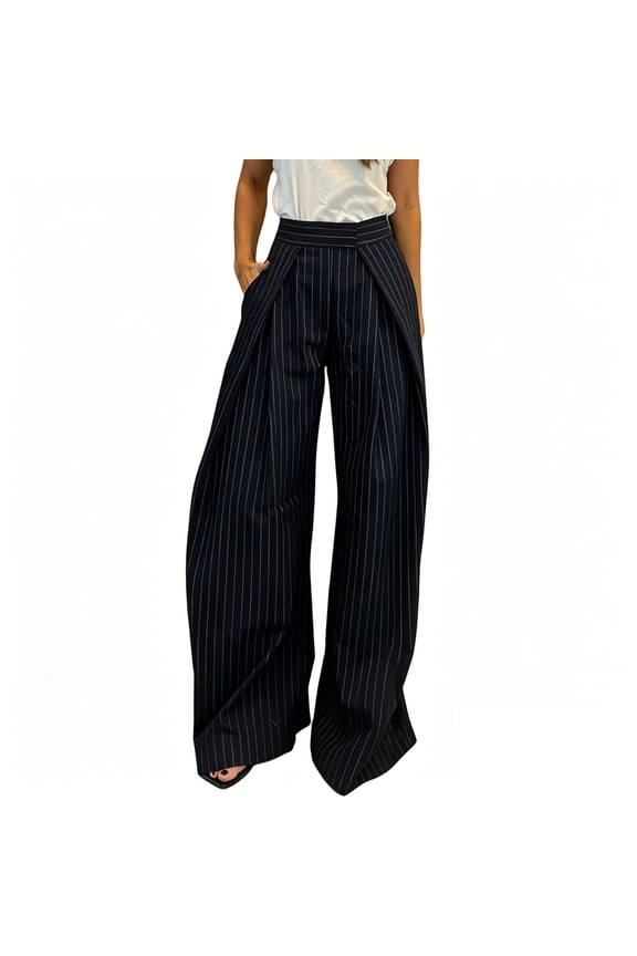 Pants for Women High Waist Pinstripe Wide Leg Palazzo Front Split Pleated Design Full Length Business Suit Trousers with Side Pockets Formal Loose Fit Striped Dress Pants