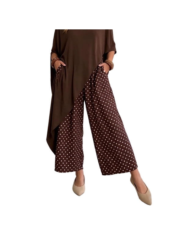 Pants for Women High Waist Polka Dot Wide Leg Cropped Soft Flow Ankle-Length Casual Culottes with Convenient Side Pockets Retro Printed Loose Palazzo Trousers