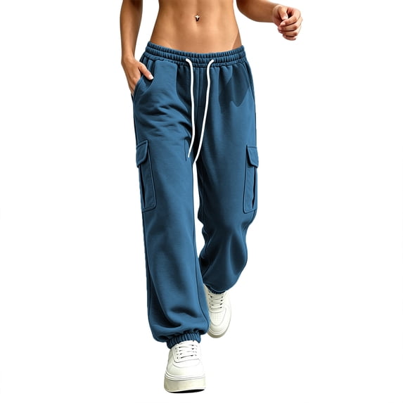 Lopecy-Sta Pants for Women Cargo Jogger Pants Elastic Drawstring Waist Multi Pockets Loose Fit Street Style Athletic Trousers for Spring Fall
